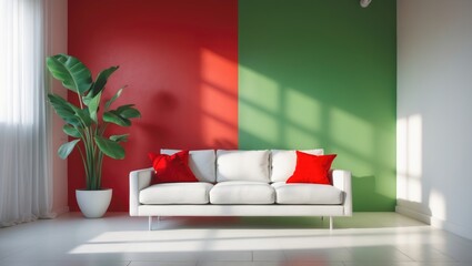 A contemporary and bright minimalist living room showcasing a white sofa with red accent pillows set against a striking split wall.