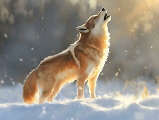 Obraz premium wolf howling in winter, snowy landscape, sunlight, wildlife art