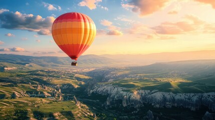 A colorful hot air balloon floats gracefully over scenic landscapes