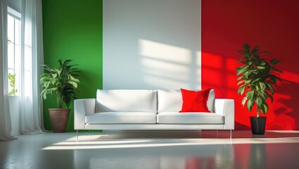 A modern minimalist living room that is bright, featuring a white sofa with red accent pillows against a striking split wall.
