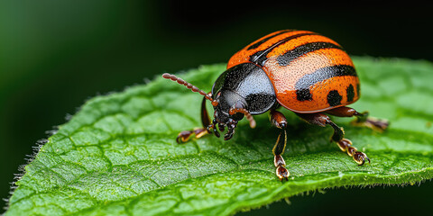 Fototapeta premium Colorado potato beetle on a leaf of a potato plant. Sustainable pest control methods