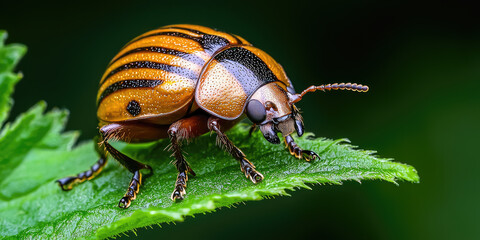 Fototapeta premium Colorado potato beetle on a leaf of a potato plant. Sustainable pest control methods