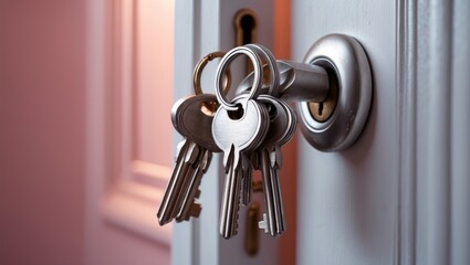 A collection of keys in the keyhole. White door. The idea of financial lending or mortgages.