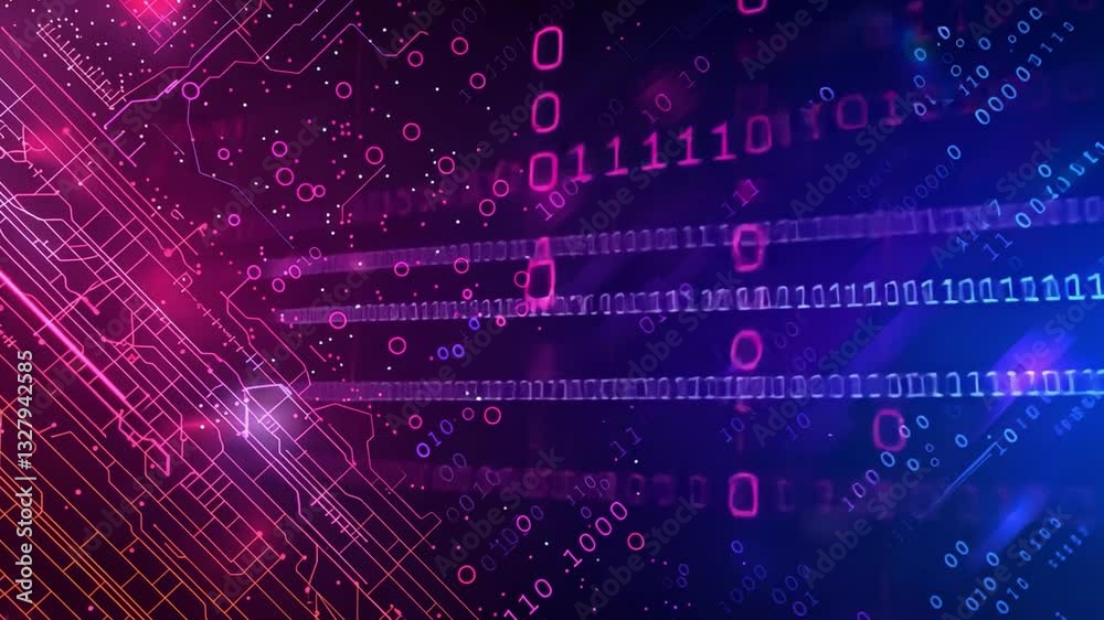 Poster vibrant digital background featuring binary code and circuit patterns in pink and blue hues, symboli