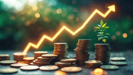 A graph illustrating an upward trend with several coins placed in the foreground.