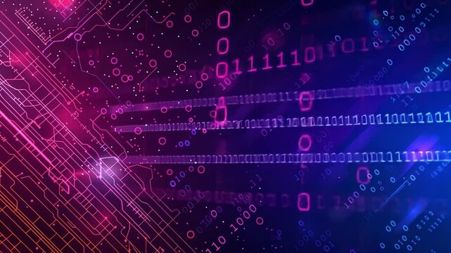 Vibrant Digital Background Featuring Binary Code and Circuit Patterns in Pink and Blue Hues, Symbolizing Technology and Data Flow, Creating Futuristic and Technological Atmosphere