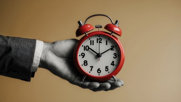 A black and white image shows a man holding a classic red alarm clock in his hand, which is adjusting one hour backwards or forwards.