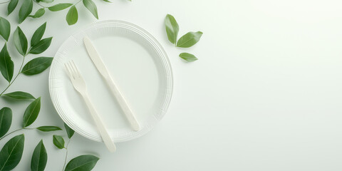 Environmentally friendly plant-based plastic. Empty disposable tableware made of bioplastic. Development of plastic alternatives based on plant materials in the food industry