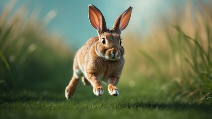 A rabbit jumping through a grassy field, photographed in mid-air.