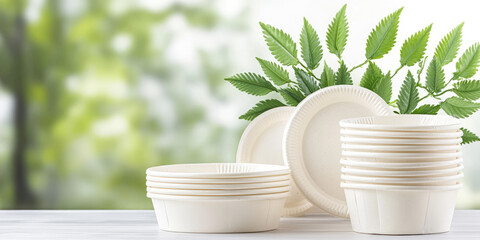 Environmentally friendly plant-based plastic. Empty disposable tableware made of bioplastic. Development of plastic alternatives based on plant materials in the food industry