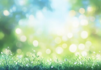 Obraz premium Serene Natural Background with Soft Bokeh Effect and Lush Green Grass and Delicate White Flowers