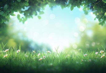 Obraz premium Serene Natural Landscape with Lush Green Grass, Delicate Wildflowers, and Soft Light Filtering Through Gentle Leaves in an Ethereal Atmosphere
