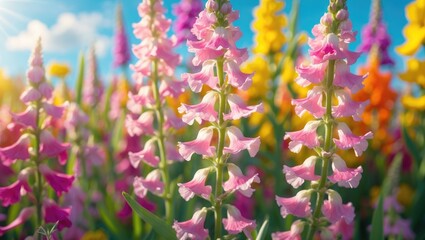 Obraz premium A close-up view of blooming pink snapdragon flowers thriving in a vibrant flower field under a sunny blue sky.
