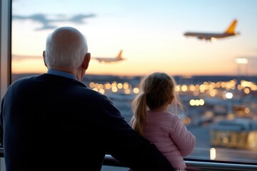 This heartwarming image captures a grandfather and granddaughter sharing a moment together while watching airplanes take off at the airport during sunset.