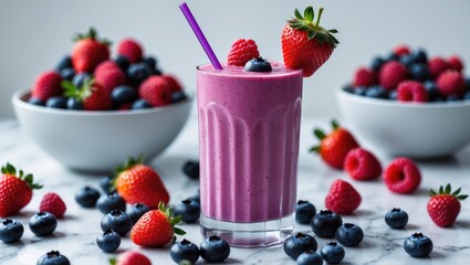 A delightful berry smoothie surrounded by assorted berries and topped with a strawberry.