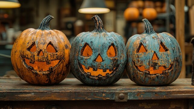 Three illuminated carved Halloween pumpkins on rustic wood.