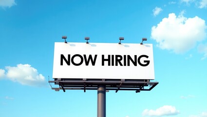 Billboard displaying the symbol "Now hiring." Conceptual words "Now hiring" featured prominently on a large white billboard against a beautiful blue sky with clouds. Business marketing and motivati...
