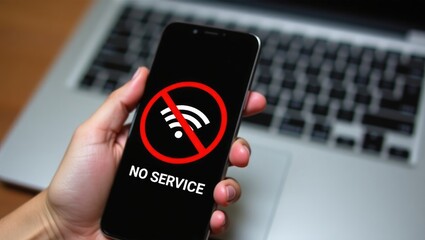 Mobile phone displaying a no service screen. Communication, issue, poor connection concept.