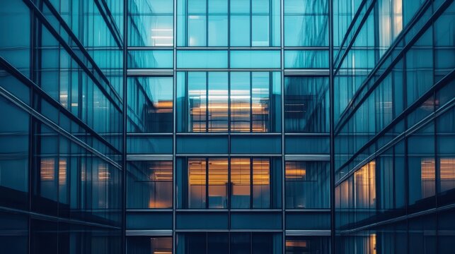 A symmetrical view of a modern office building exterior
