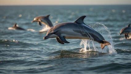 Fototapeta premium A group of dolphins jumping and surfacing in the Strait.