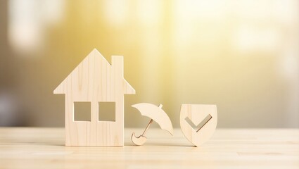 House model with umbrella and shield protection icon on wooden table, concepts of buying contracts, obtaining insurance or loans for real estate.