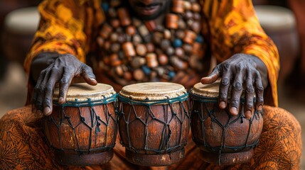 Man playing three African drums.