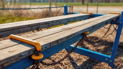 A see-saw constructed from wooden planks located in a playground.