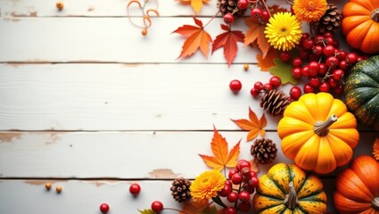 Thanksgiving backdrop featuring pumpkins, autumn leaves and flowers, berries, and pine cones on a wooden surface with room for text. Autumn banner. Fall harvest.