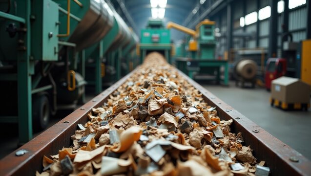 Refuse-derived fuel on conveyor in an industrial recycling facility, showcasing the waste sorting and processing system utilized for renewable energy generation.