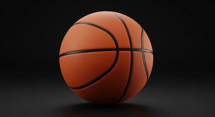 A close-up of a basketball with a textured surface and black lines, set against a black background to showcase its vibrant orange color. Ideal for sports-themed projects.