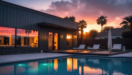 Obraz premium A contemporary residence featuring a pool during sunset.