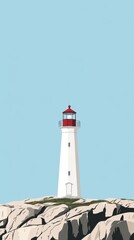 A tall white lighthouse stands on a rocky cliff under blue skies