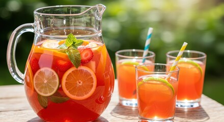 A refreshing pitcher of fruity lemonade filled with vibrant slices of lemon, lime, and strawberries, garnished with mint leaves. Perfect for summer gatherings and outdoor parties.