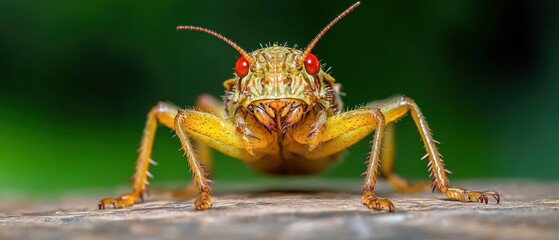 Naklejka premium Macro Photography of a Striking Yellow Katydid with Vibrant Red Eyes