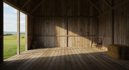 Fototapeta premium An empty barn with wooden beams and rustic charm. A sunlit patch casts shadows on the floor, while hay bales and tools hint at an inviting agricultural life outside.