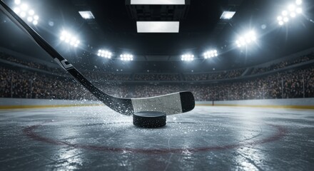 A thrilling ice hockey moment captures a stick striking a puck on the rink, illuminated by bright arena lights, with an energetic crowd enhancing the exhilarating atmosphere.