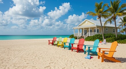 Fototapeta premium A serene beach scene with colorful adirondack chairs on soft sand, overlooking a turquoise ocean and a coastal house surrounded by palm trees under a bright blue sky with fluffy clouds.