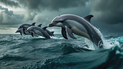Fototapeta premium A group of dolphins jumping and surfacing in a strait.