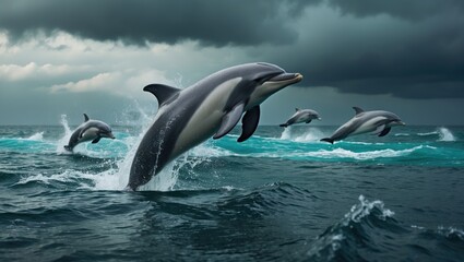 Obraz premium A group of dolphins jumping and surfacing in a strait.