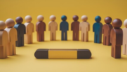 Wooden figures representing people and a magnet. Team management idea. Human resources. Promotion. Selecting a new leader and recruiting employees. Headhunting services. Employee termination.