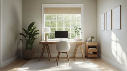 Fototapeta premium Bright Minimalist Home Office with Wooden Desk and Natural Light