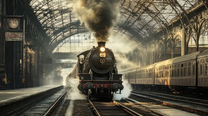 An old steam locomotive pulls into a grand railway station © Ariestia