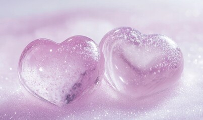 Obraz premium Two glass hearts on pink glitter, romantic love background for Valentine's Day