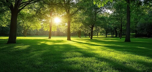 Fototapeta premium Serene Sunlight Filtering Through Trees in a Lush Green Park Landscape During Golden Hour