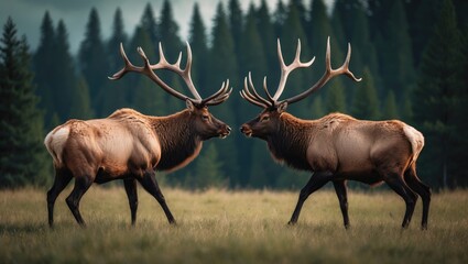 A display for onlookers during the fall, two male bull elk engage in a clash of antlers as they vie for dominance for a chance to mate.