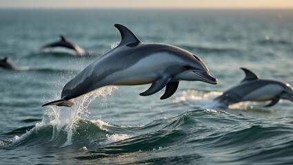Fototapeta premium A group of dolphins jumping and surfacing in Strait