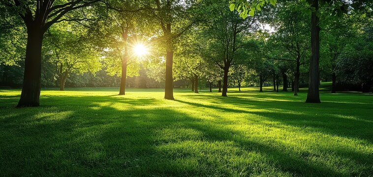 Serene Sunlight Filtering Through Trees in a Lush Green Park Landscape During Golden Hour