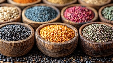 Colorful seeds and grains in wooden bowls.