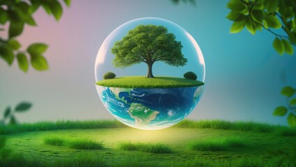 A mature tree on productive land with lush grass and a vibrant backdrop. Environment and climate change concept.