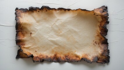 A piece of paper with an antique appearance and burnt edges on a white background.
